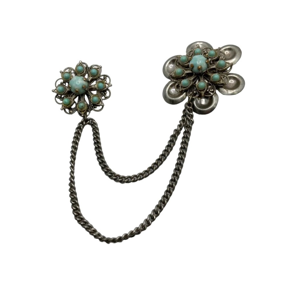 Vintage Silver Tone Faux Turquoise Double Sweater‎ Brooch
